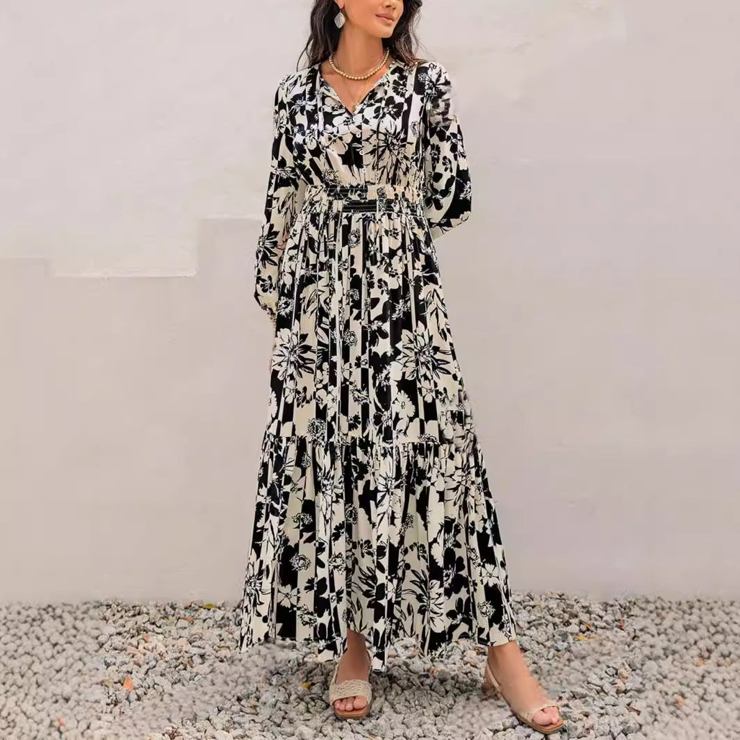 Spring And Autumn Full Printed Lantern Sleeve Dress