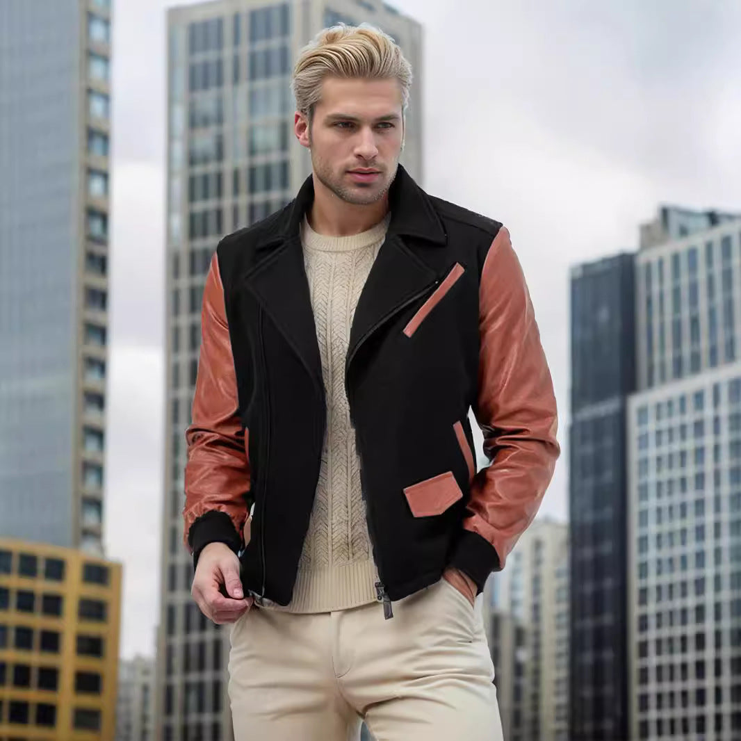 PU Leather Patchwork Wool Lapel Color Matching Men's Jacket