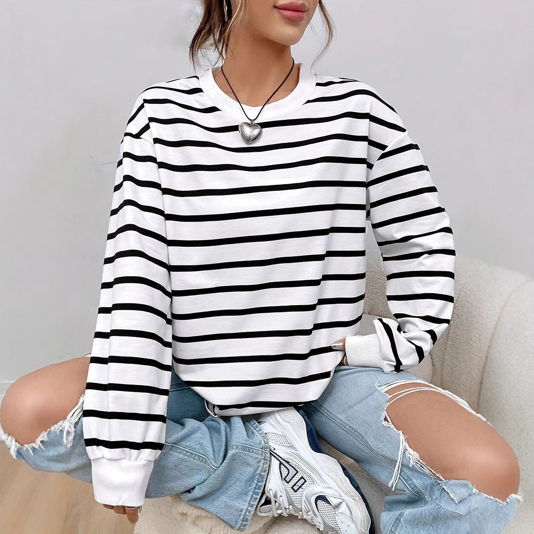 Women's Casual Loose Round Neck Vintage Stripe Long-sleeved T-shirt