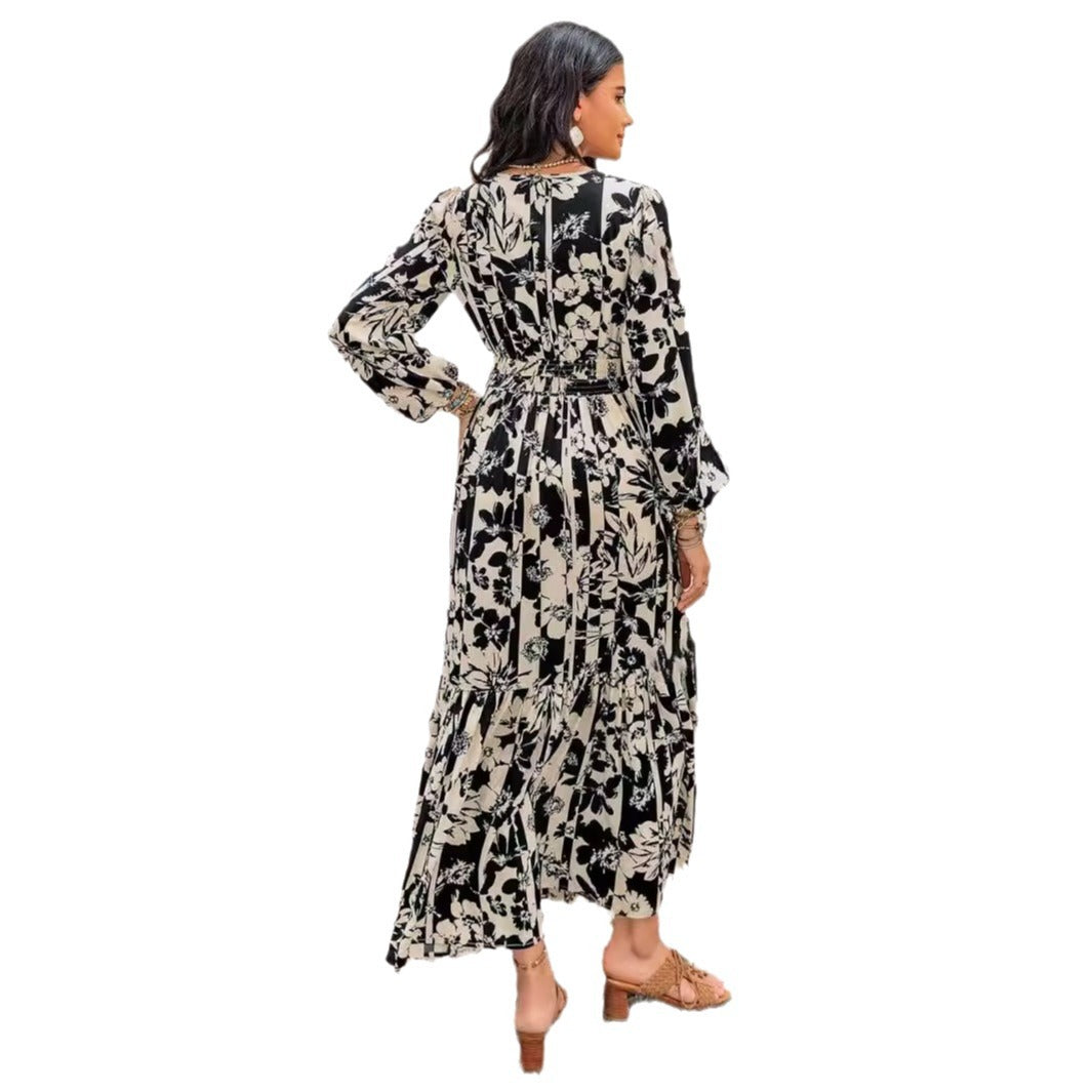 Spring And Autumn Full Printed Lantern Sleeve Dress