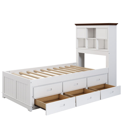 Solid Pine Captain Bookcase Bed With Trundle Bed And 3 Spacious Under Bed Drawers In Casual,Twin, White Walnut