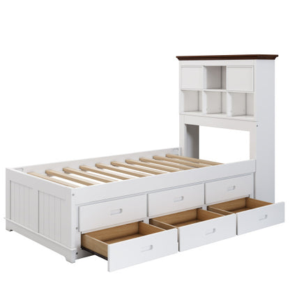 Solid Pine Captain Bookcase Bed With Trundle Bed And 3 Spacious Under Bed Drawers In Casual,Twin, White Walnut