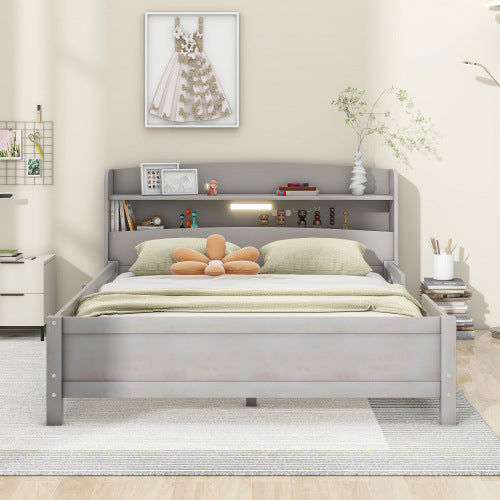 Wood Full Size Platform Bed With Built-in LED Light, Storage Headboard And Guardrail, Antique Grey