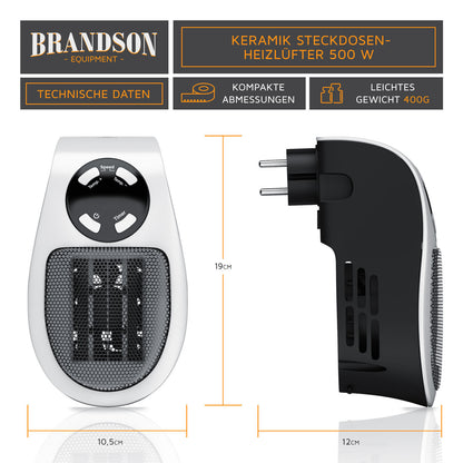 Brandson Steckdosen Heizlufter 500 W Plug-in Heater Keramik WeiB-schwarz