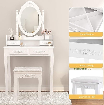 Vanity Table Set With 4 Drawer, Makeup Dressing Table W  Cushioned Stool, Girls Women Bedroom Furniture Set Oval Mirror