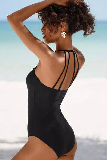 Black Strappy Halter Neck Sexy One Piece Swimsuit