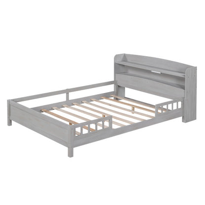 Wood Full Size Platform Bed With Built-in LED Light, Storage Headboard And Guardrail, Antique Grey