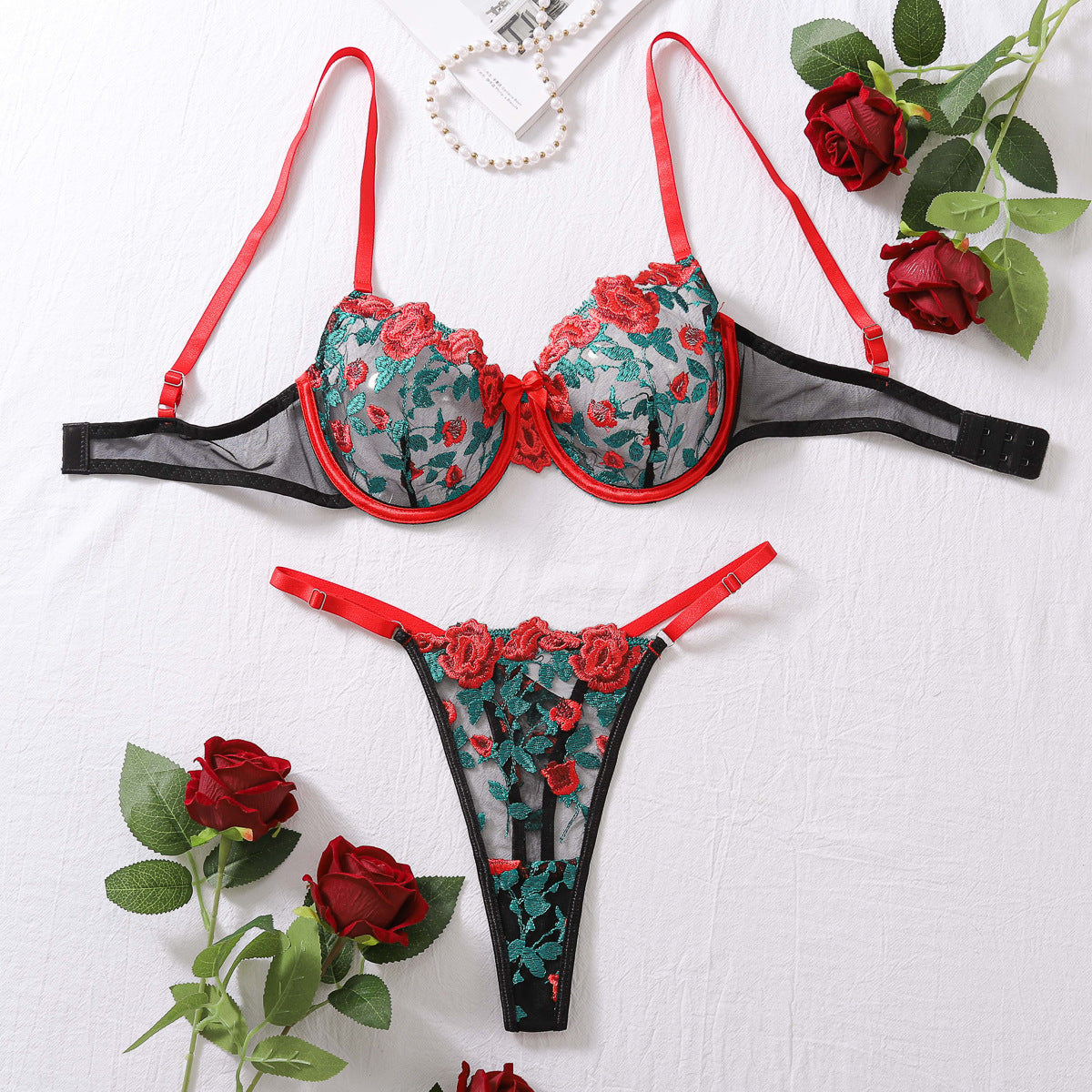 Contrast Color Floral Embroidered See-through Underwear