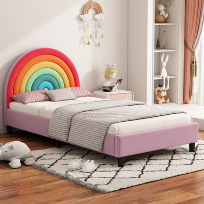 Rainbow Design Upholstered Twin Platform Bed Cute Style Princess Bed For Boys Girls, Teens