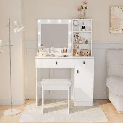 Vanity Desk With Lights, Vanity Set With Mirror, Makeup Vanity Desk With Large Drawers  Three Level Storage Dreeser, VanitysVanities With 3 Lights Brightness Adjustable For Bedroom, White