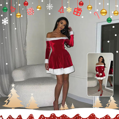 Women's Christmas Costume Santa Dress Plush Trim Boat-Neck Off-Shoulder Sleeve Dress New Year Party Cosplay Costume