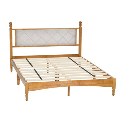 Wooden Bed Frame With Upholstered Headboard In Fabric, Solid Rubberwood With Wooden Central Support