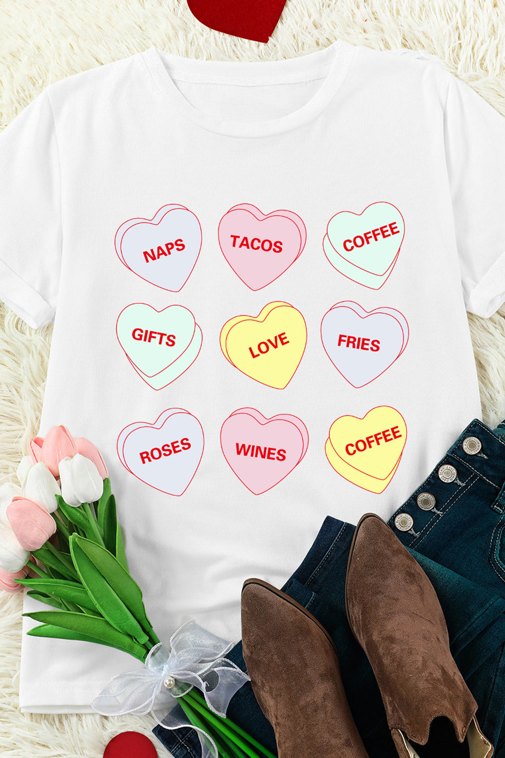 White Valentines Slogan Hearts Printed Casual T Shirt