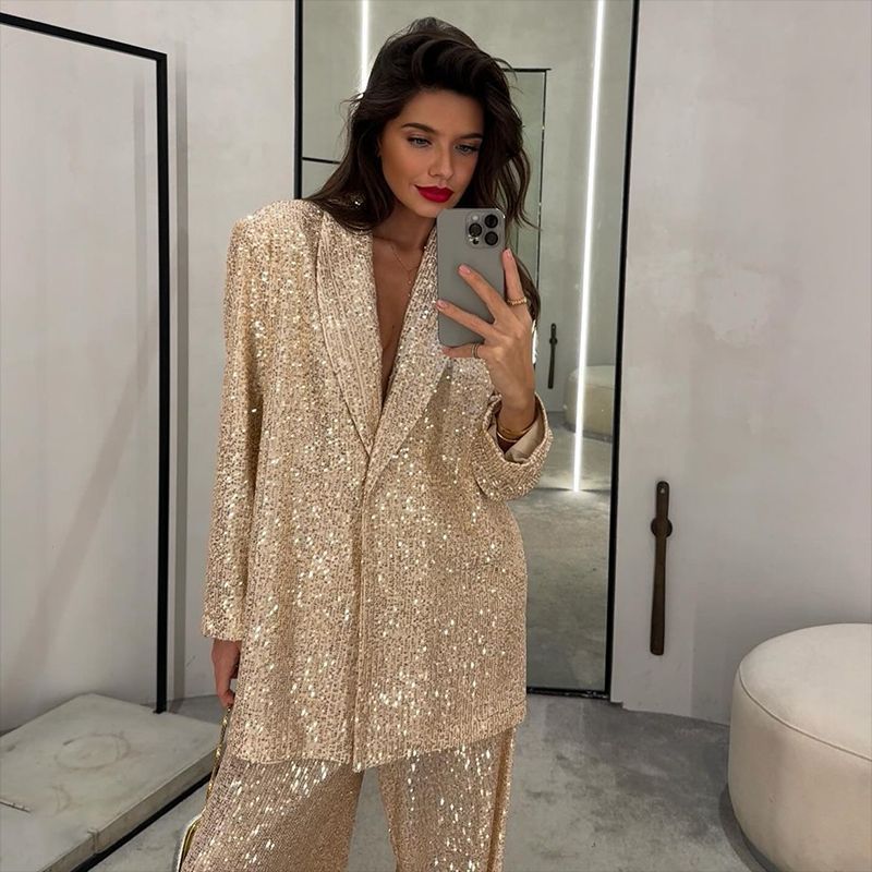 Casual Women's Clothing Sequin Blazer Trousers Suit