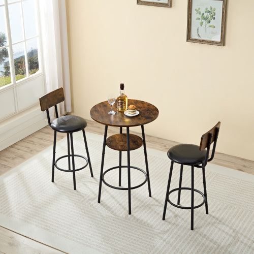 Three-piece Round Dining Table, Two-tier Small Dining Table With Storage Space, Two Upholstered Bar Chairs With Backrests