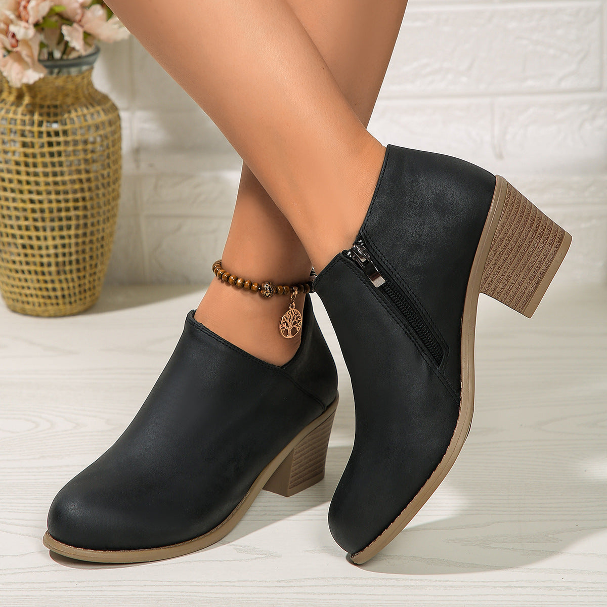 Chunky Heel Round Toe Ankle Boots With Side Zipper Design Fashion Fall Winter Short Boots For Women Shoes