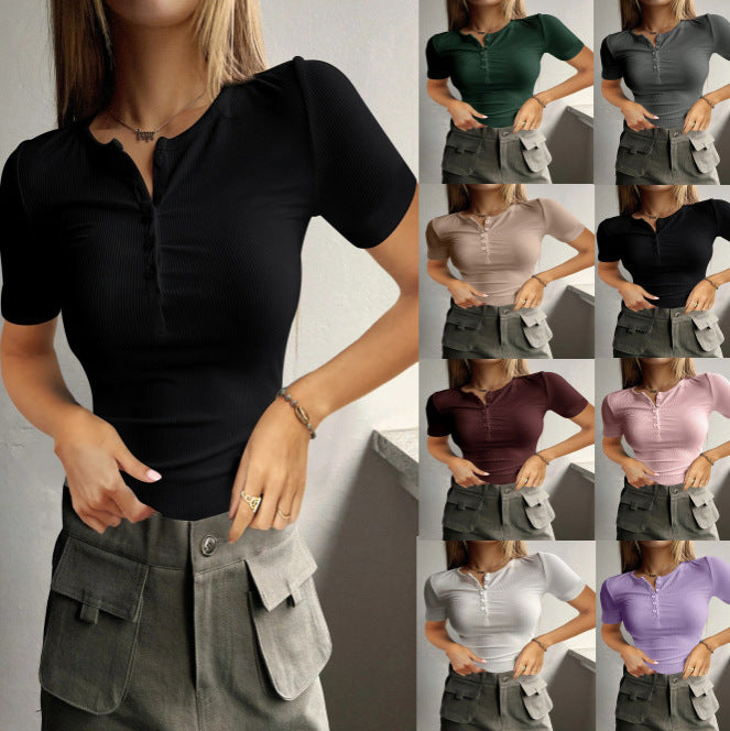 Women's Short Sleeve Button Rib Slim Fit Knitted Sweater