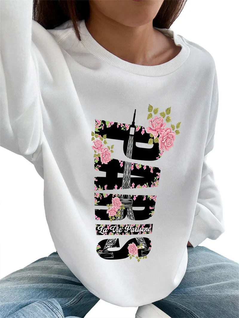 Women Basic Casual Pullover Spring Autumn Long Sleeve PARIS Letter Printed Round Neck