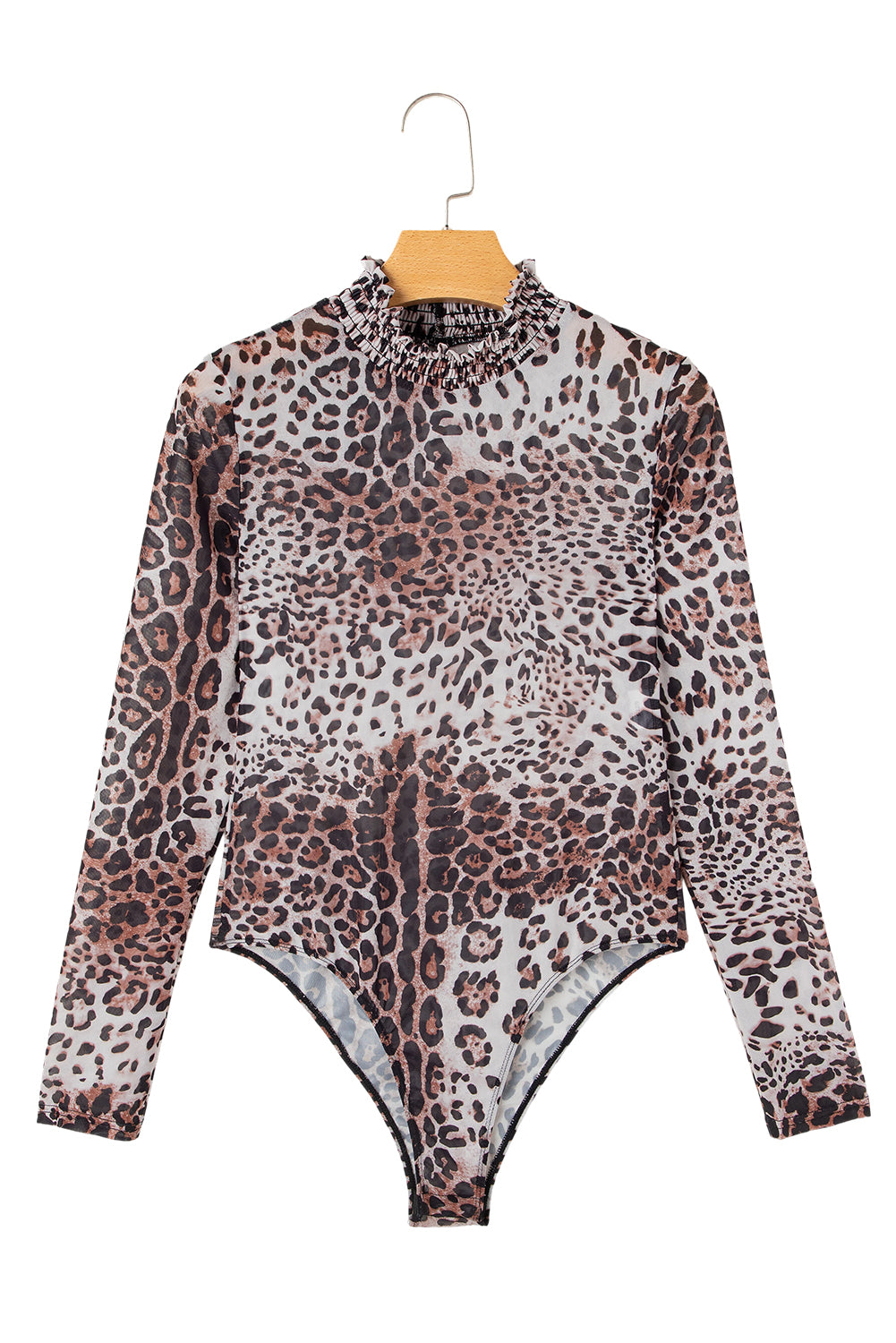 Brown Allover Leopard Print Smocked Neck Mesh Bodysuit