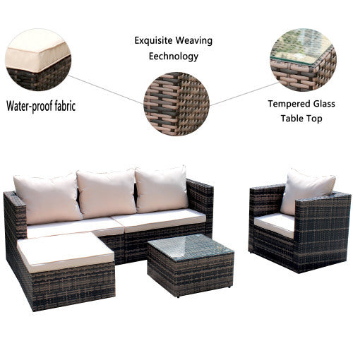 Rattan Patio Furniture Set Wicker Sofa Cushioned Sectional Furniture Set Garden Patio Sofa Set 4 Pieces, Brown