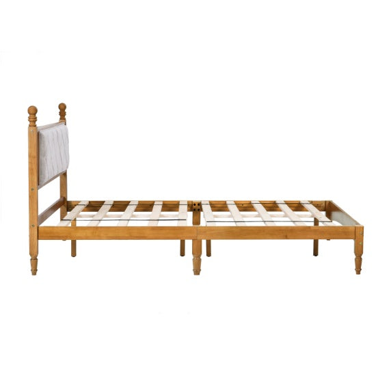 Wooden Bed Frame With Upholstered Headboard In Fabric, Solid Rubberwood With Wooden Central Support