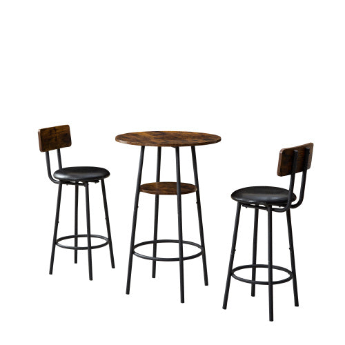 Three-piece Round Dining Table, Two-tier Small Dining Table With Storage Space, Two Upholstered Bar Chairs With Backrests