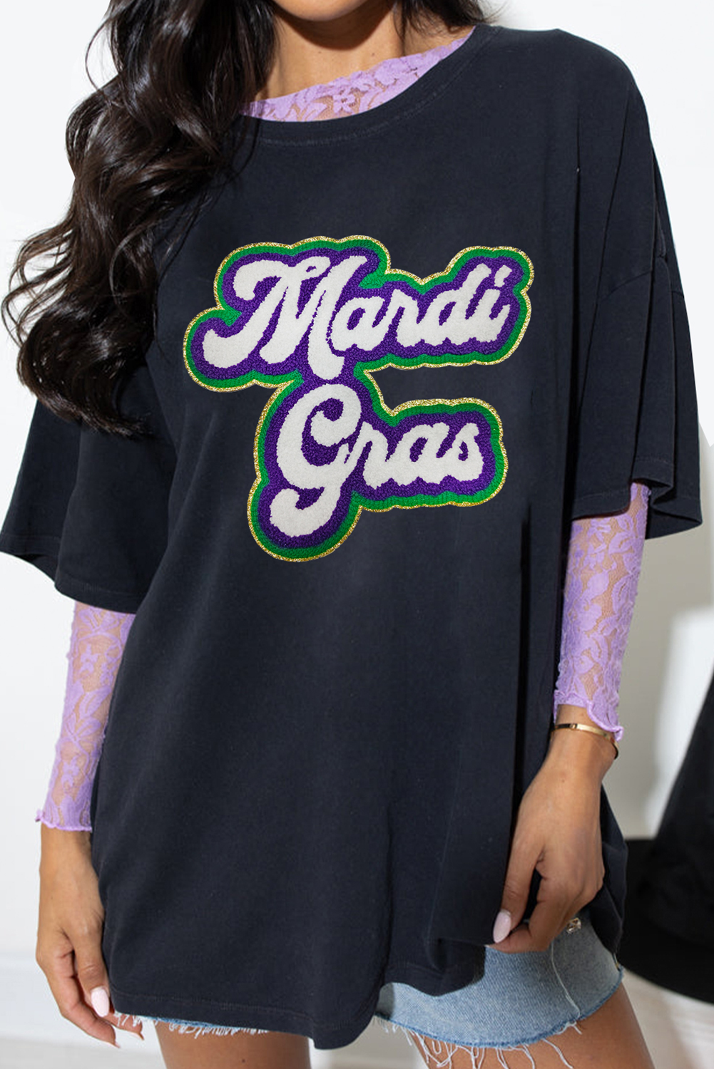 Black Mardi Gras Chenille Patched Graphic Tee