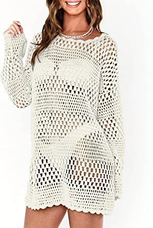 Woven Round Neck Hollow Beach Cover-up Loose Casual Sweater