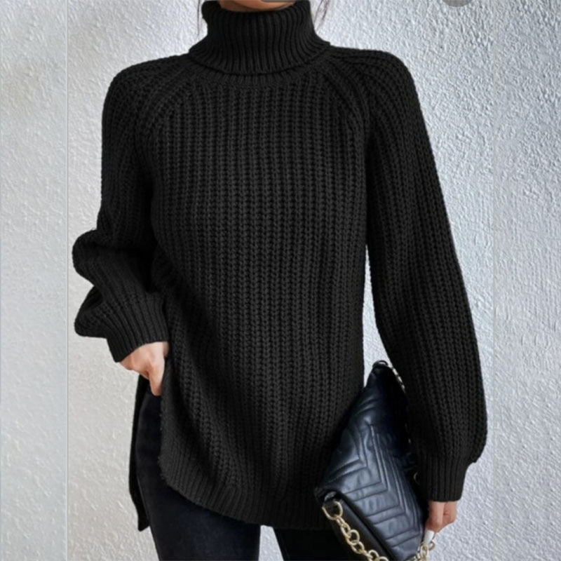 Turtleneck Pullover Sweater With Split Design Fashion Simple Solid Color Long Sleeve Tops Women's Clothing