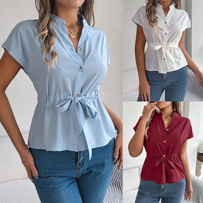 Button Drawstring Short Sleeve Shirt Top Women's Clothing