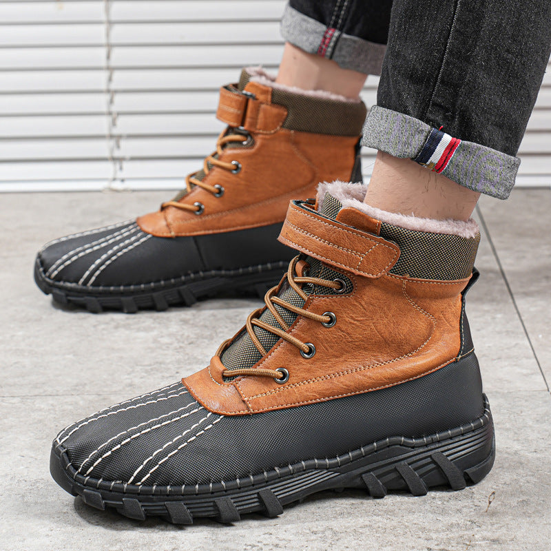 Winter Fleece Lace-up Snow Boots For Men Women Waterproof And Anti-slip Outdoor Work Boot Fashion Warm Mid-tube Cotton Shoes Men