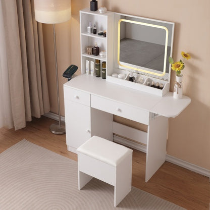 Vanity Desk With Lighted Mirror & Power Outlet, Makeup Vanity Desk With Drawers And Large Storage Cabinet For Bedroom, 3 Lighting Modes Adjustable Brightness, Storage Stool, White