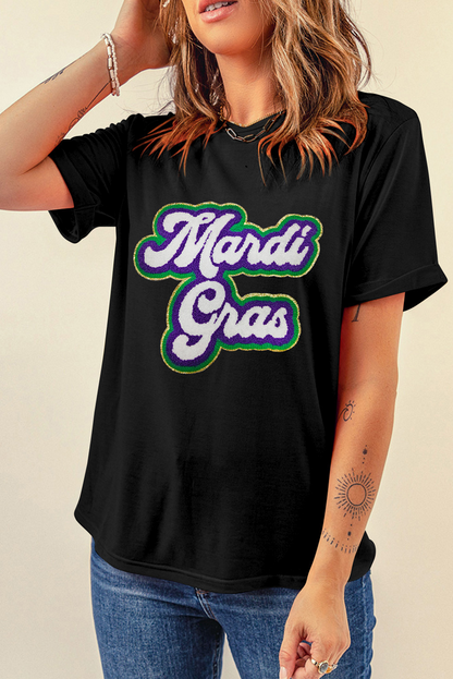 Black Mardi Gras Chenille Patched Graphic Tee