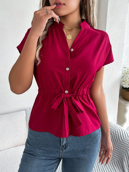 Button Drawstring Short Sleeve Shirt Top Women's Clothing