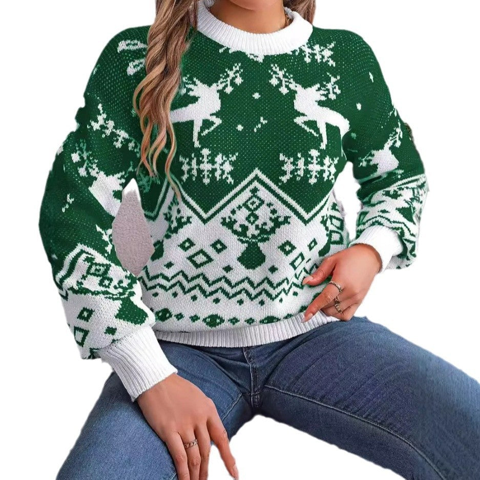 2025 New Year Autumn Winter Casual Deer Pattern Long Sleeve Hoodie Sweater Christmas For Women Red Green Knitted Pullover Jumper