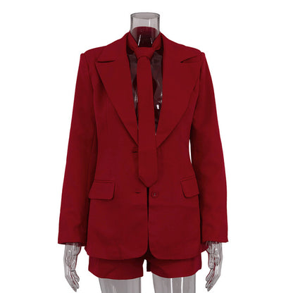 Commuter Red Necktie Suit Coat Shorts Two-piece Suit