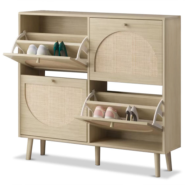 2 Rows With 4 Flip Buckets And High Legged Round Rattan Shoe Cabinet In Natural Wood Color