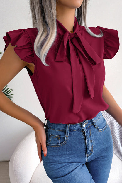 Burgundy Plain Bow Neck Ruffle Chiffon Blouse