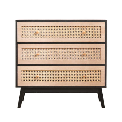 31.5 3-Drawers Rattan Storage Cabinet Rattan Drawer,for Bedroom,Living Room,Natural Drawer And Black Panel