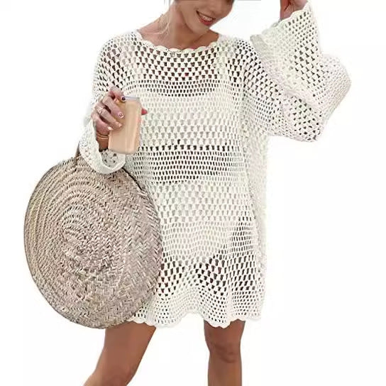 Woven Round Neck Hollow Beach Cover-up Loose Casual Sweater