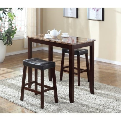 3-Piece Counter Height Glossy Print Marble Breakfast Table With Stools, Espresso