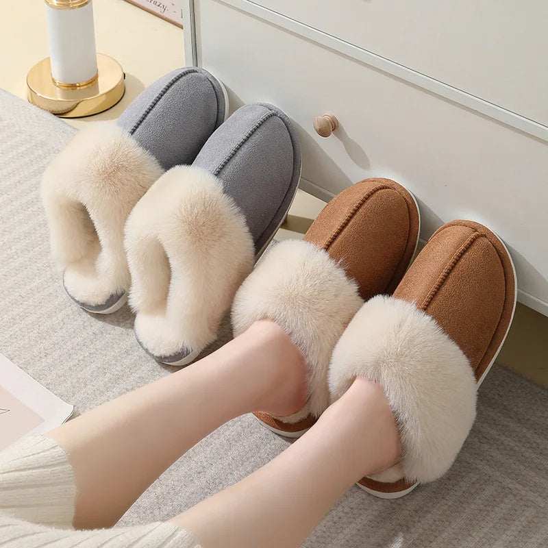 Winter Warm Plush Home Slippers Indoor Fur Slippers Women Soft Lined Cotton Shoes Comfy Non-Slip Bedroom Fuzzy House Shoes Women Couple