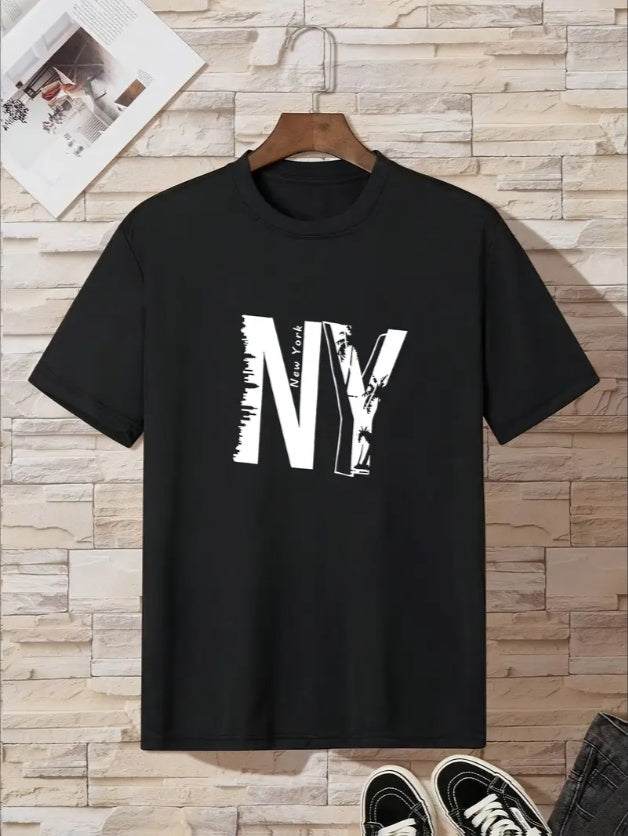 Boys' NY Letter Print Casual T-Shirt - Round Neck, Machine Washable - Spring Summer Collection