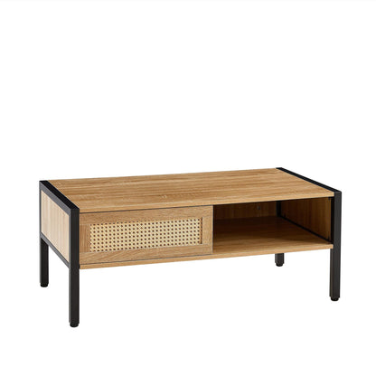 40.16 Inch Rattan Coffee Table With Sliding Door For Storage, Metal Legs, Modern Living Room Table, Natural Color