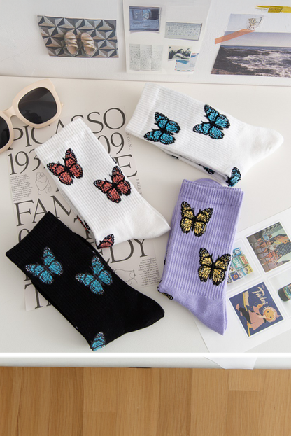 White Allover Butterfly Print Crew Socks