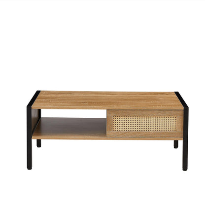 40.16 Inch Rattan Coffee Table With Sliding Door For Storage, Metal Legs, Modern Living Room Table, Natural Color