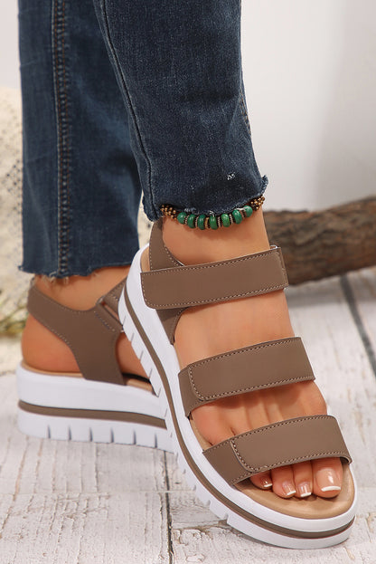 Camel Hollow Out Buckle PU Leather Platform Sandals