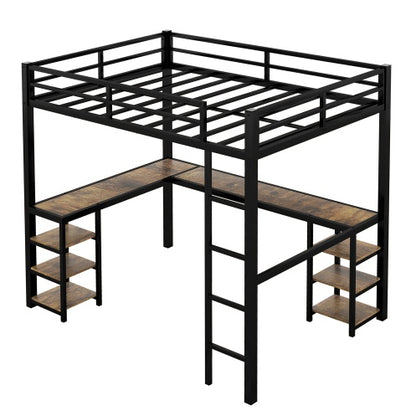 Full Metal Loft Bed With Desk And Shelves, Loft Bed With Ladder And Guardrails, Loft Bed Frame For Bedroom