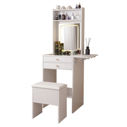 Vanity Desk With Lighted Mirror, Makeup Vanity Desk With Drawers And Storage Cabinet For Bedroom, Glass Desktop, 3 Lighting Modes Adjustable Brightness, Storage Stool, White