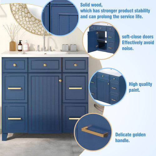 36  Bathroom Vanity Cabinet With Sink Top Combo Set, Navy Blue, Single Sink, Shaker Cabinet With Soft Closing Door And Drawer